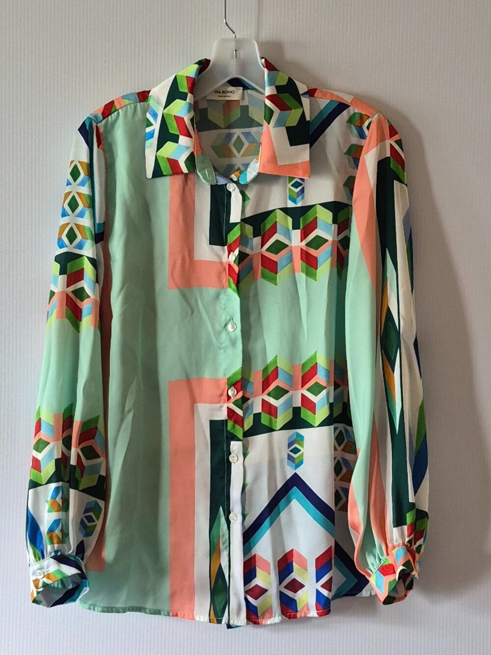 Via Bovio Made in Italy Silky Geometric Print Button Down Blouse